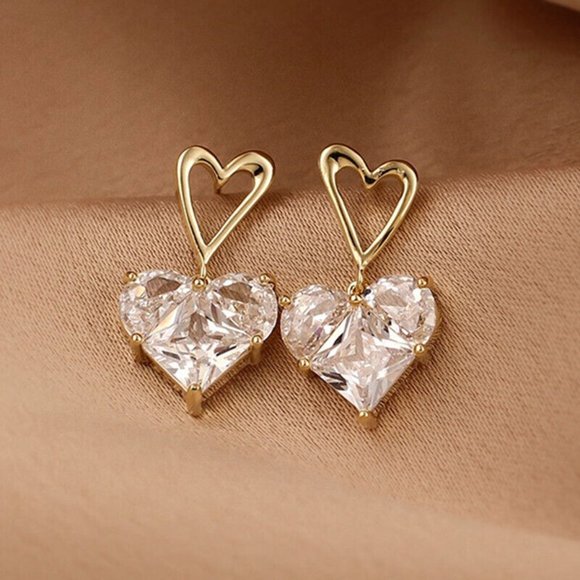 New 18k Gold Plated Sterling Silver White Sapphire Heart Drop Earrings - Picture 5 of 5